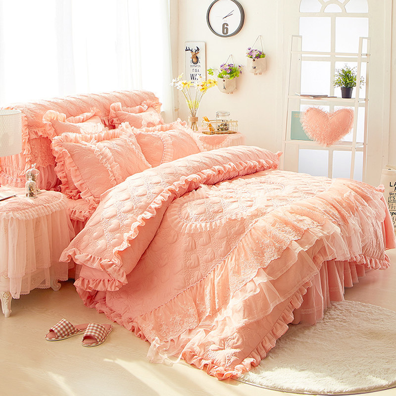 公主风全夹棉床裙款四件套床上加厚婚庆花边被套床罩纯色四季通用