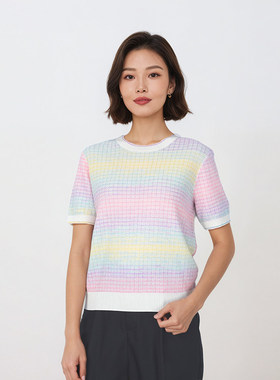 【大潘专享】彩虹渐变花纱桑蚕丝圆领宽松短袖T恤女1N2017