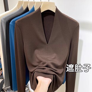 加肥加大码 女秋冬修身 V领磨毛长袖 t恤洋气内搭上衣胖mm 德绒打底衫