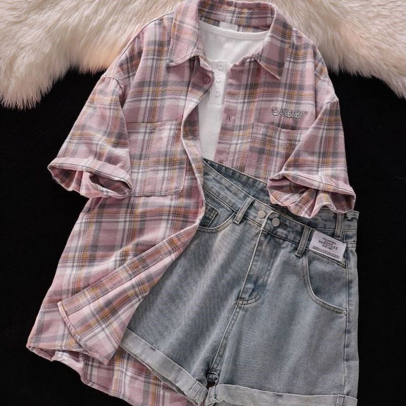 女童2025新款夏季中大童休闲格子衬衫短袖牛仔短裤时尚三件套潮