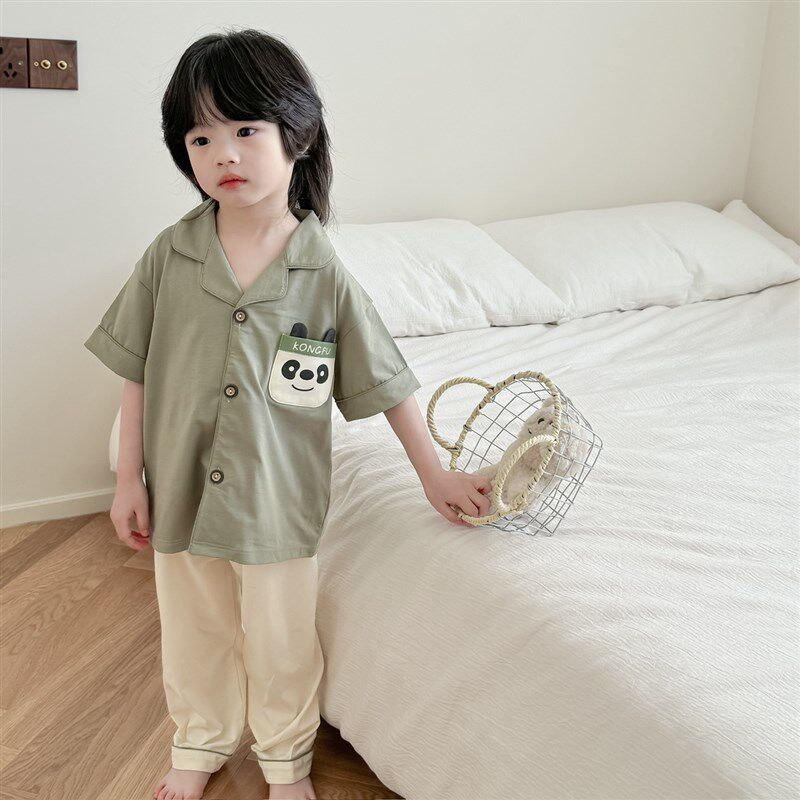 韩国儿童小众私藏家居服ootd男女宝宝翻领纯棉短袖长裤睡衣两件套