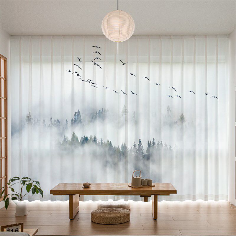 山水画窗帘透光不透人纱帘新中式中国风景客厅办公室阳台隔断挂帘