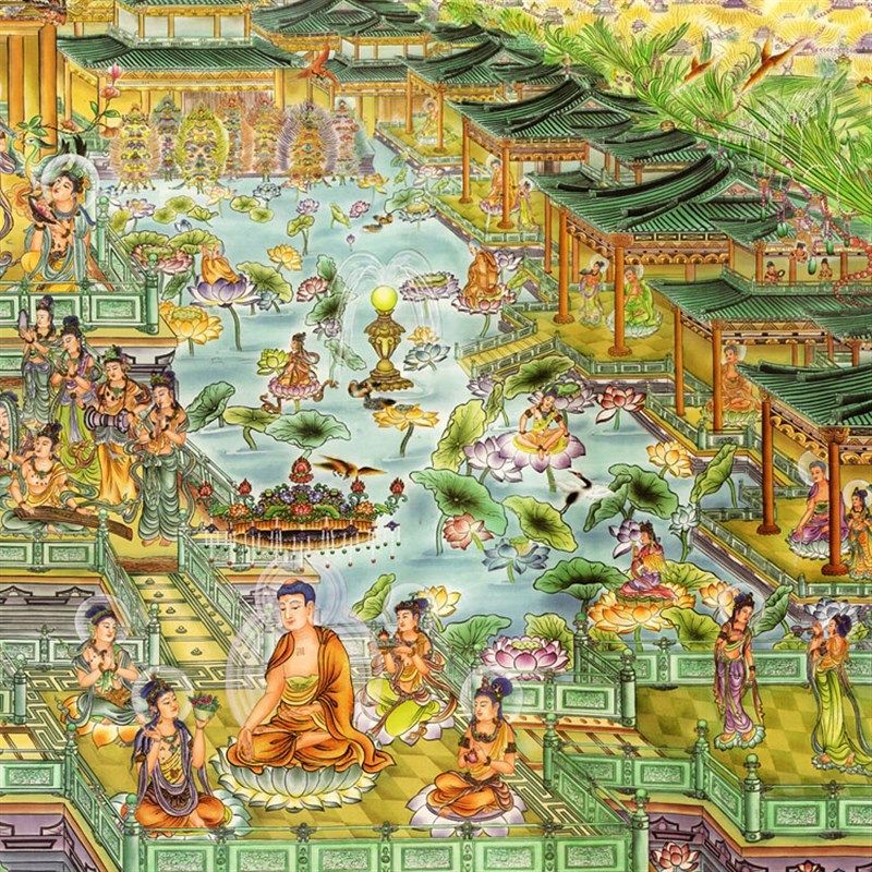西方极乐世界 西方净土全景图 西方三圣丝绸画 横幅供奉挂画