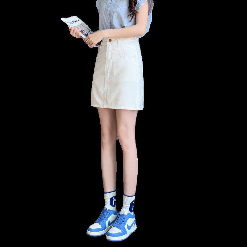 小个子牛仔短裙女春秋季新款150cm显高a字高腰显瘦白色包臀半身裙