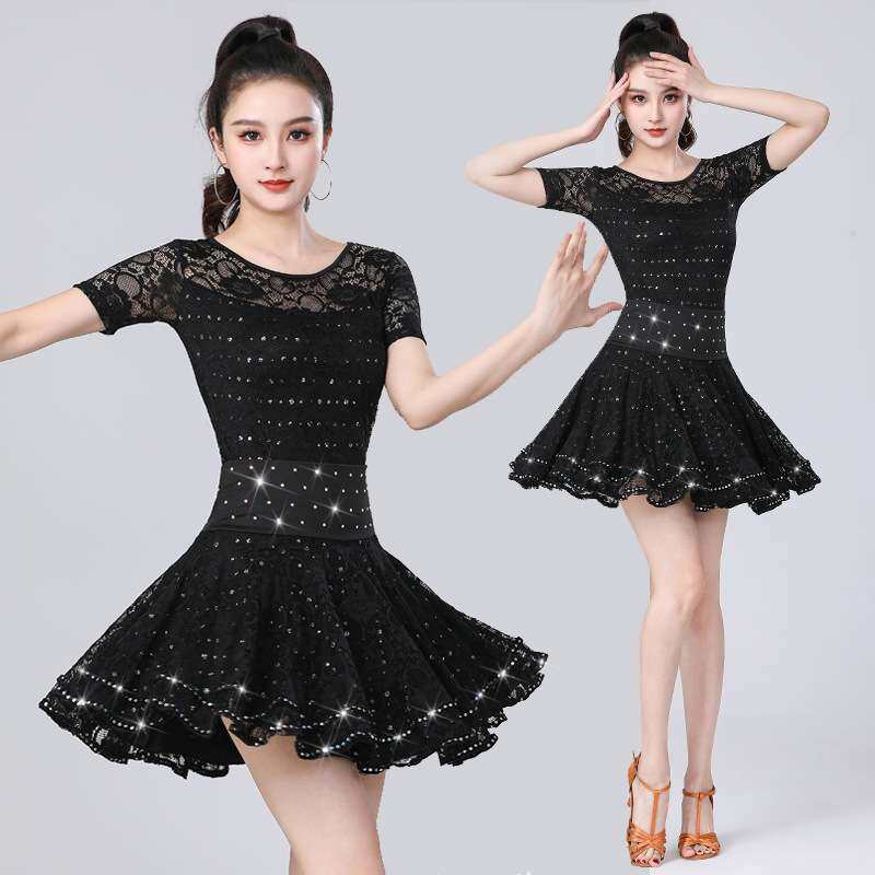 新款拉丁舞服装成人女蕾丝烫钻裙套装练功服三步踩摩登舞服吉特巴