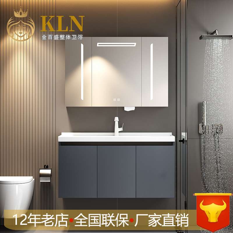 一体陶瓷盆带纸巾孔智能镜柜洗漱台深灰色实木浴室柜组合 Q01