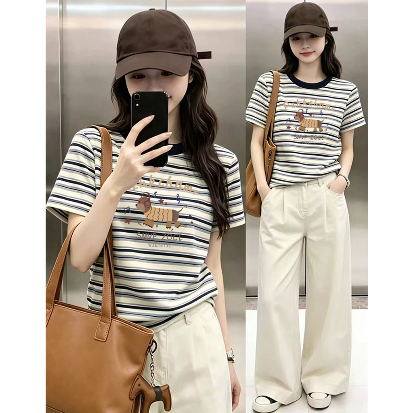 夏季新款棉质蓝色条纹T恤女卡通印花设计洋气时尚百搭短袖上衣潮