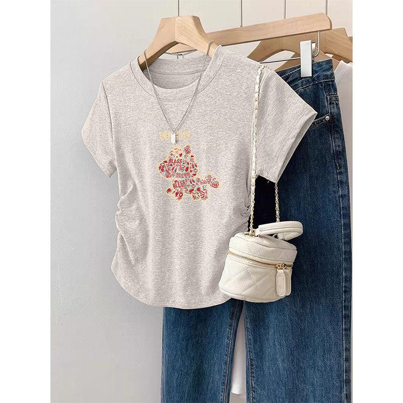 纯棉正肩短袖T恤女2026夏季设计感褶皱收腰修身显瘦短款打底小衫