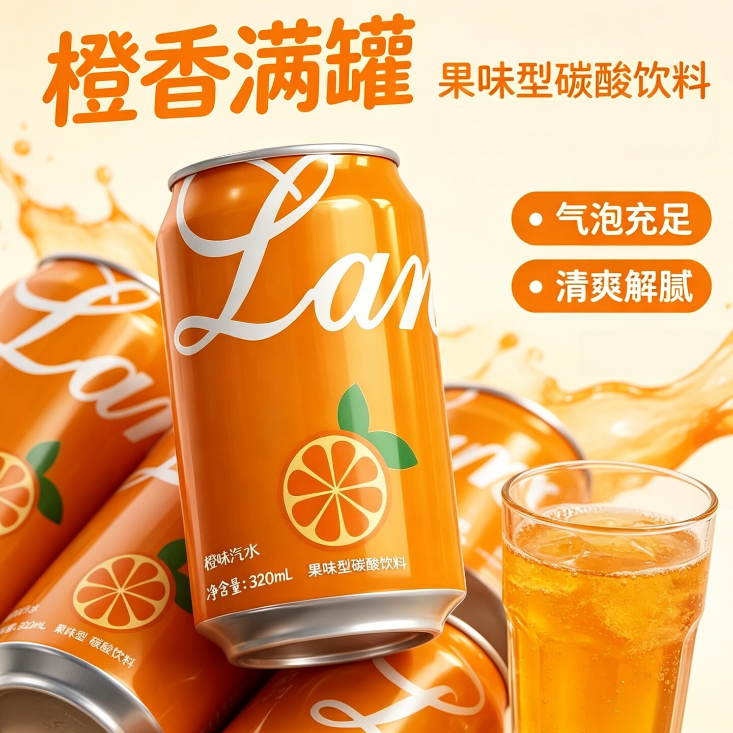 【掌柜推荐】320ml*24罐橙味汽水气泡充足口感清爽网红饮品