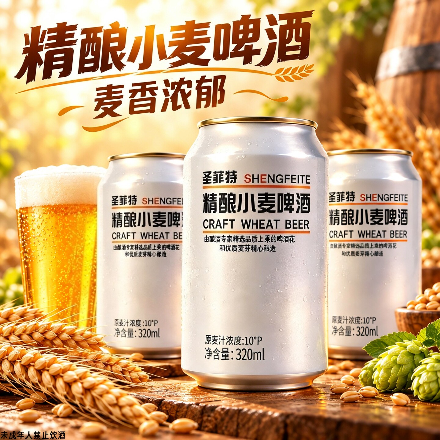 【新日期】精酿小麦啤酒10°P麦香浓郁酒香纯正口感清爽320ml/罐