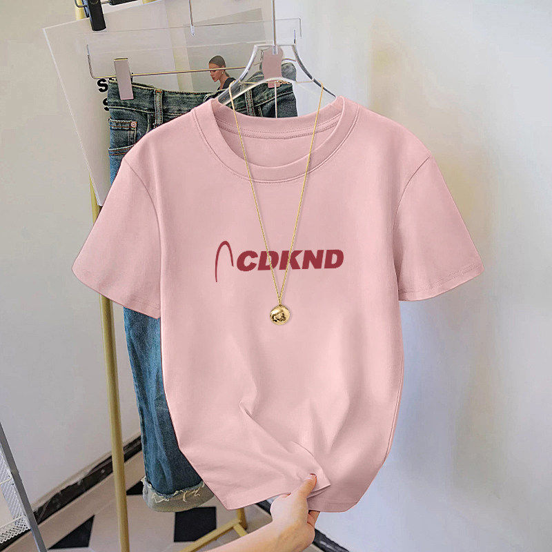 粉色纯棉短袖t恤女春夏新款圆领显瘦内搭个性印花半袖打底衫上衣