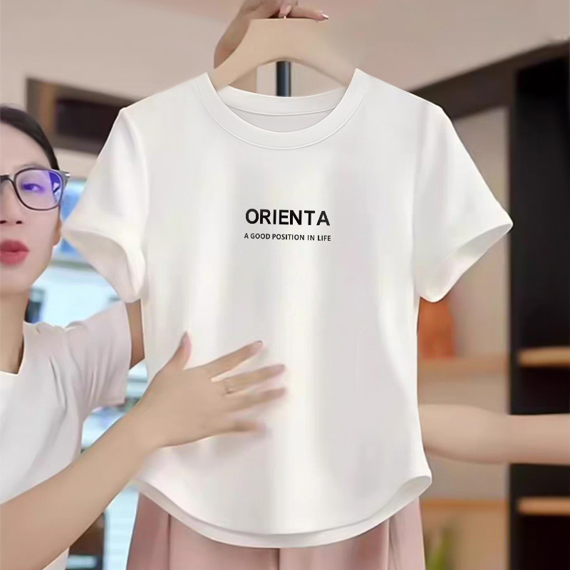 夏季纯棉正肩短袖t恤女2026新款爆款设计感小众显瘦印花圆领上衣