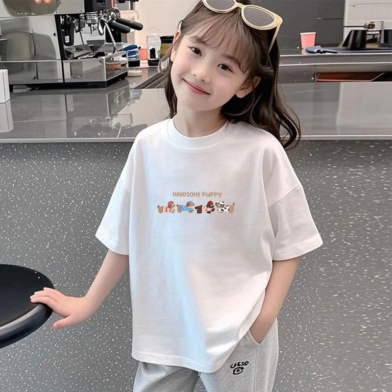 2026新爆款白色纯棉卡通印花女童短袖t恤夏季宽松中大童半袖上衣