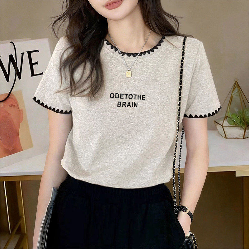 纯棉圆领拼接花边短袖t恤女2026夏季内搭百搭显瘦打底衫上衣女生