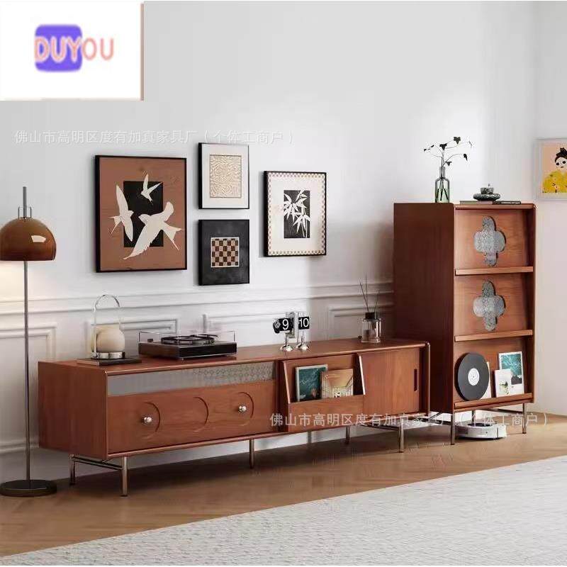 实木电视柜中古风斗柜边柜组合柜客厅轻奢家用中古色黑色不锈钢脚