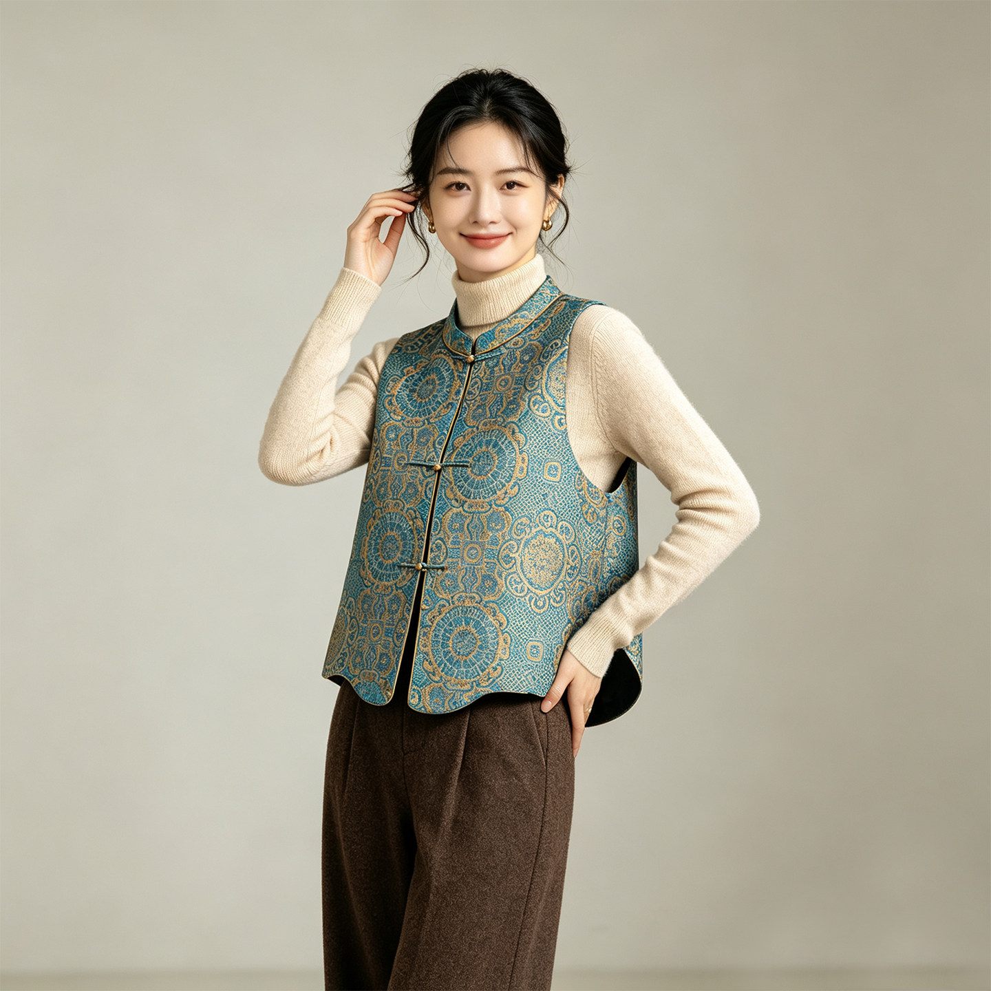 春季新中式天丝盘扣立领马甲女