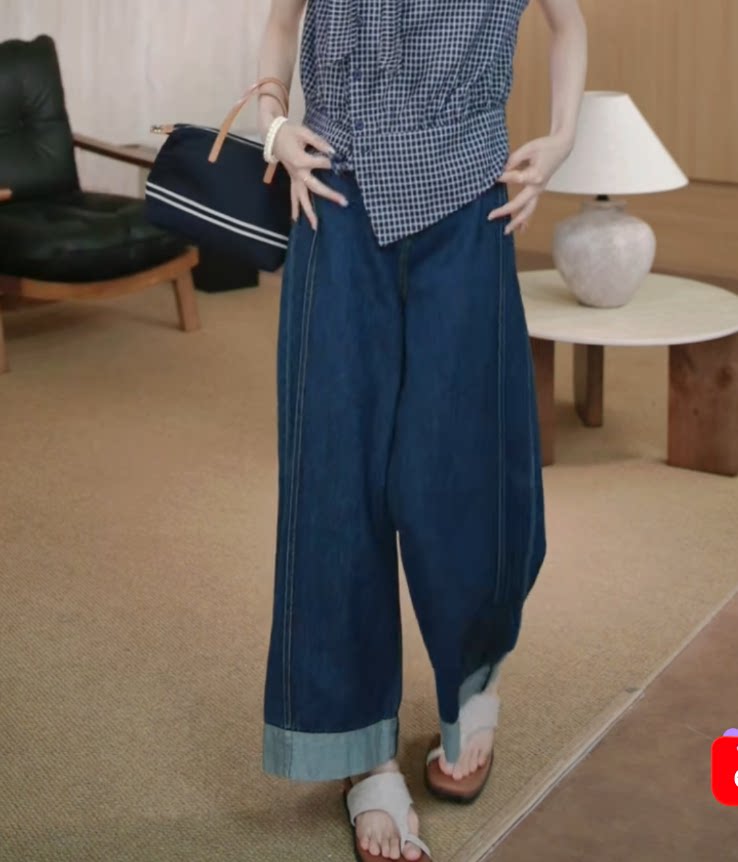 山只鸭/SZY 韩版翻边显瘦高腰牛仔裤阔腿裤