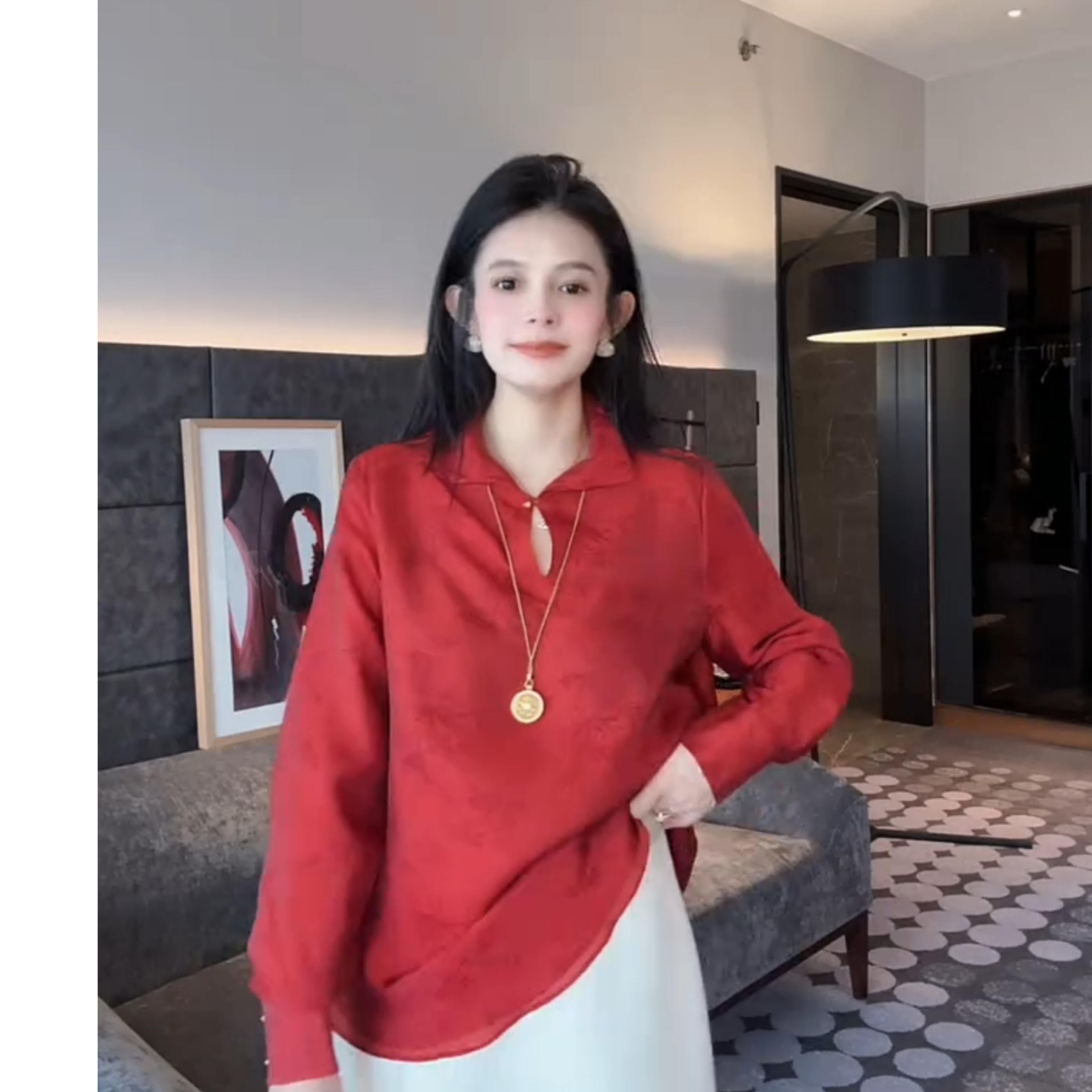 2025冬季新款加厚新中式轻奢风立领红色衬衫长袖气质显瘦百搭上衣,女装/女士精品,衬衫,淘宝优惠券,粉丝福利购,淘宝优惠卷