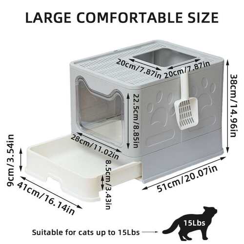 Cat Litter Box with Scoop,Large Foldable,Easy Clean (Grey)