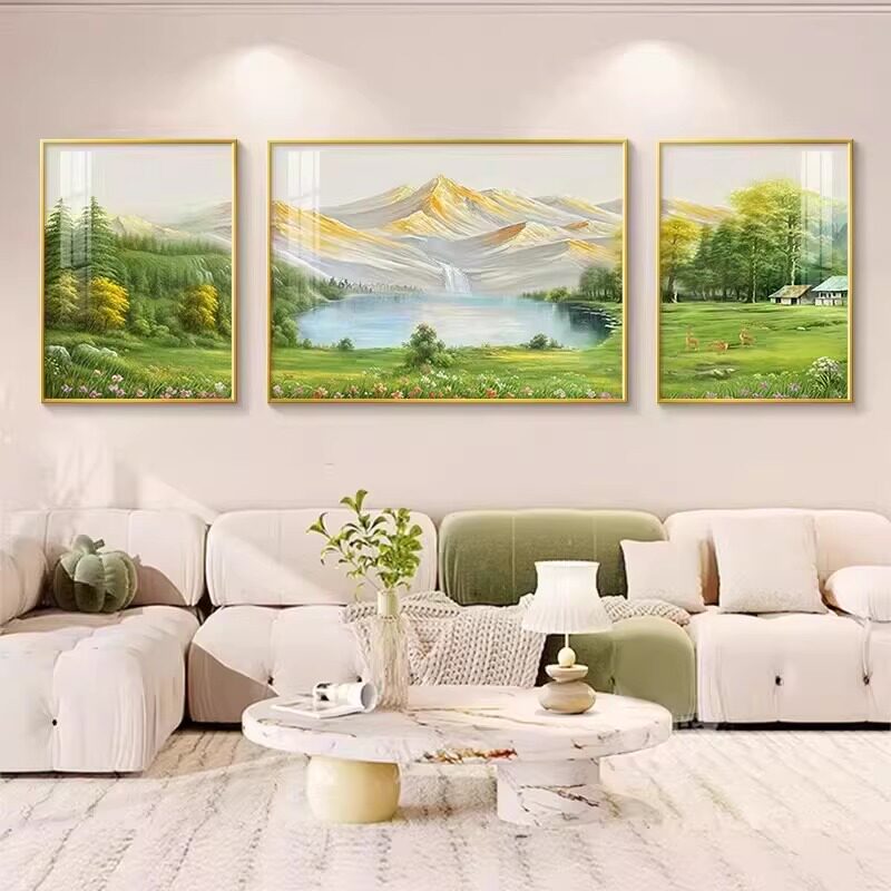 日照金山客厅装饰画奶油风沙发背景墙挂画山水风景油画三联壁画