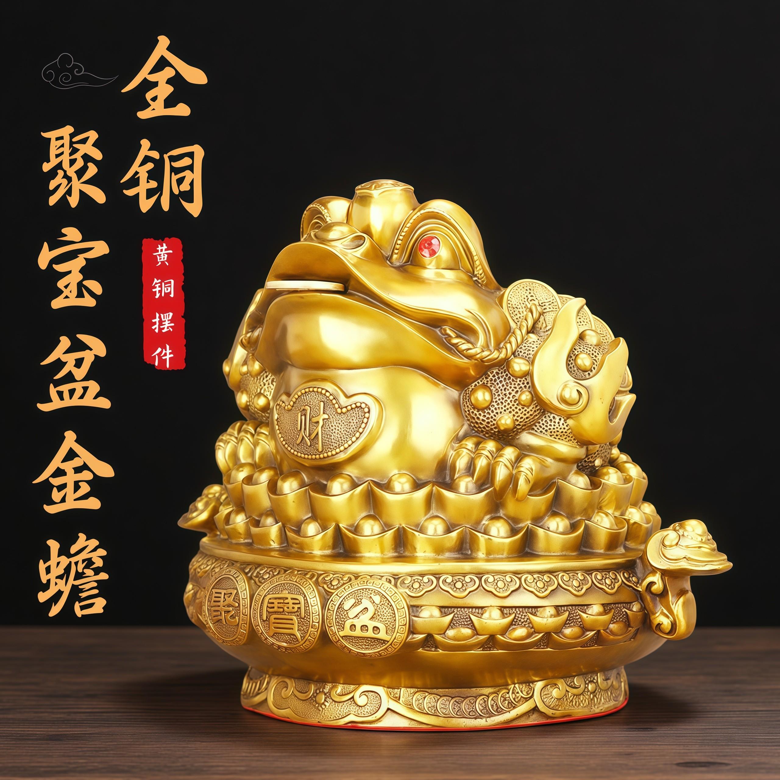 铜金蟾摆件纯黄铜聚宝盆三足招财蟾蜍三脚金蝉店铺开业办公室装饰
