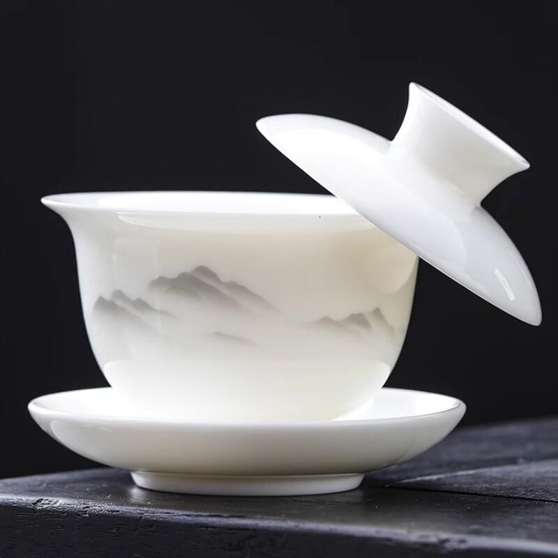 羊脂玉白瓷可悬停旋转盖碗陶瓷单个高档三才防烫茶具套组茶碗茶杯
