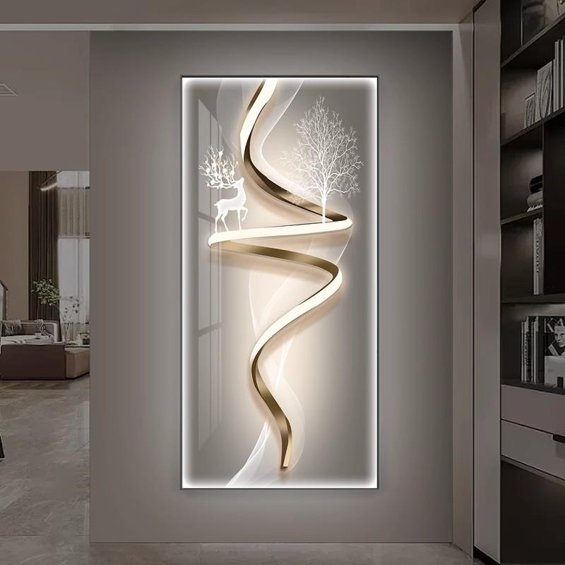 入户LED灯玄关装饰画轻奢高级感竖挂画走廊过道抽象壁画鹿晶瓷画