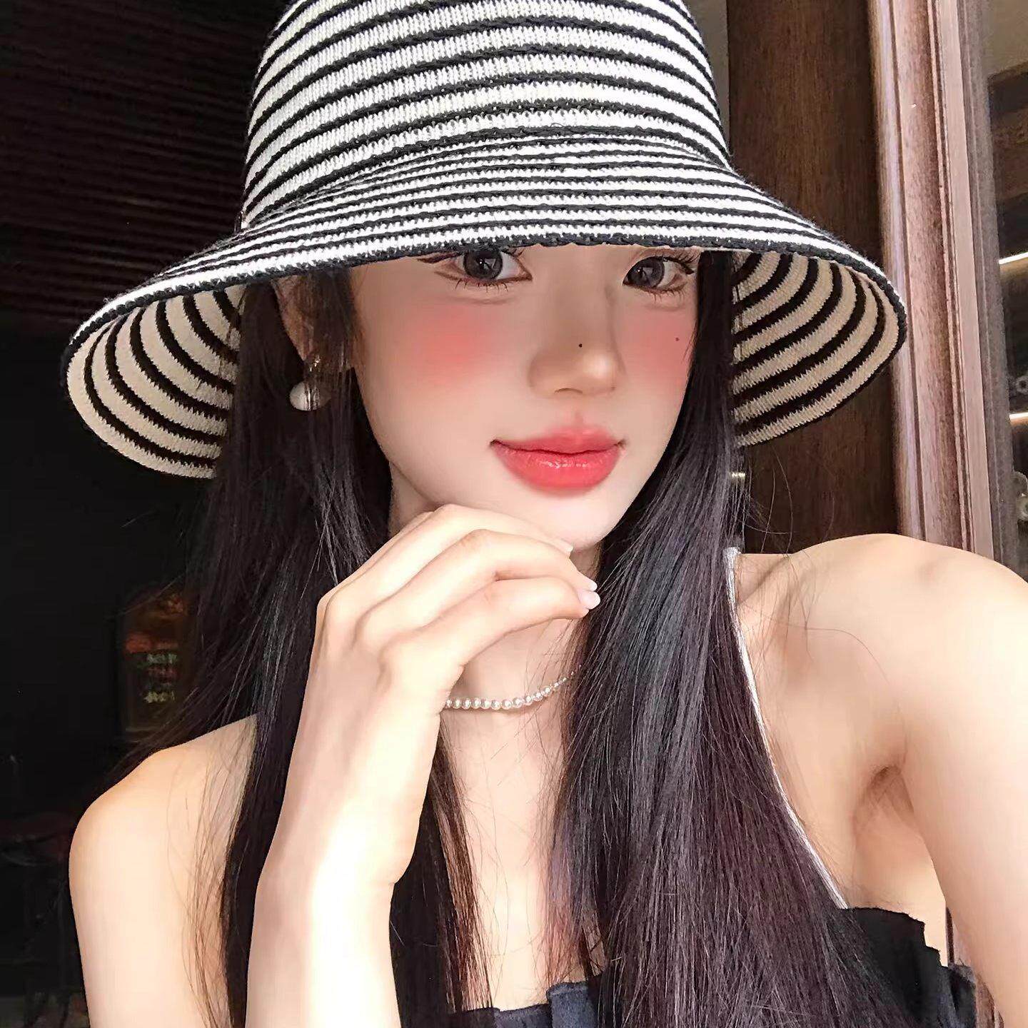 韩式帽子假发一体女日系防晒条纹渔夫帽长直发时尚遮阳可拆假发帽