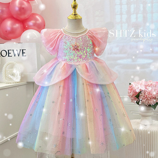 女童高端夏季2025新款洋气六一儿童超仙彩虹裙小女孩公主礼服裙子