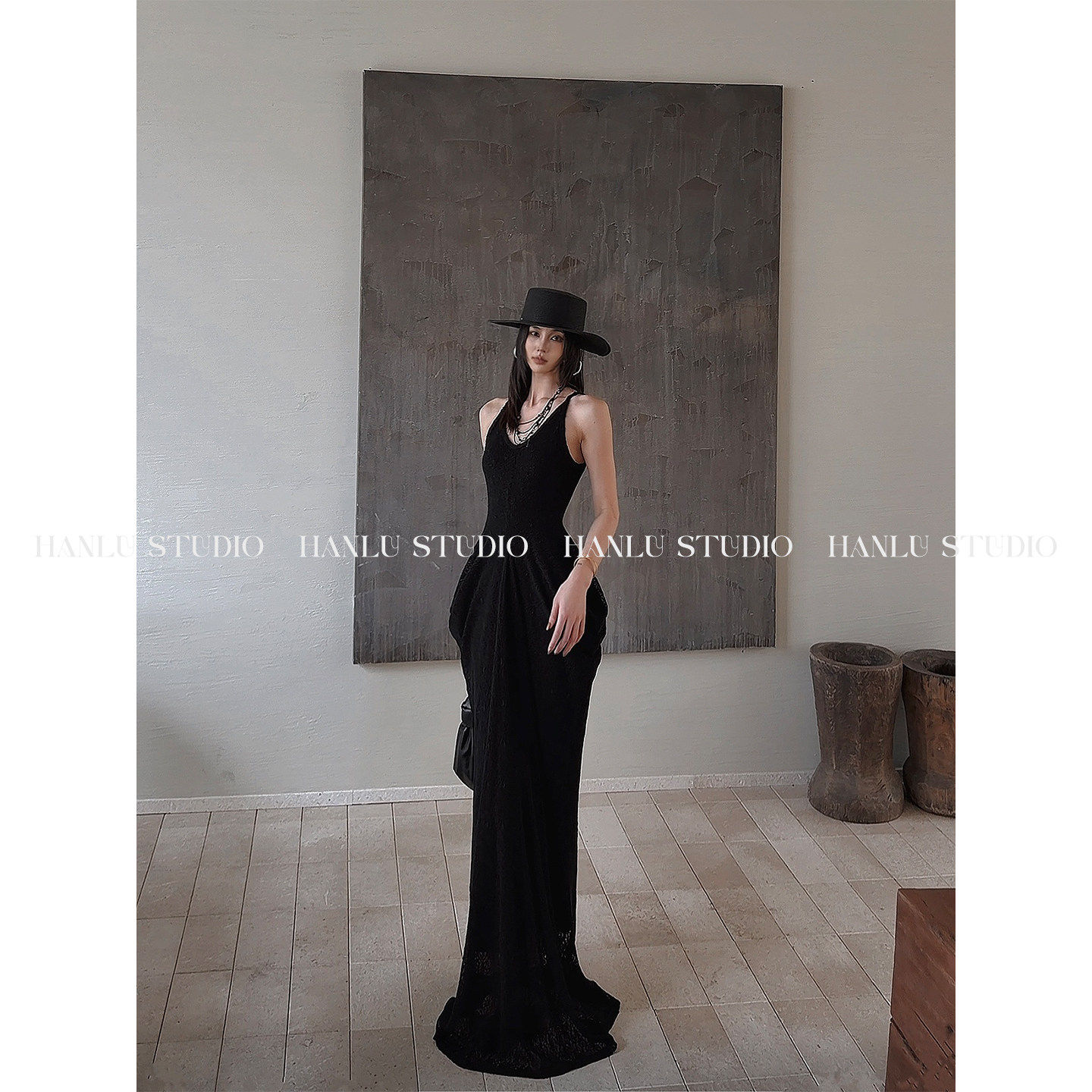 hanlu studio品牌小众解构设计感气质垂感吊带礼服拖地长款连衣裙