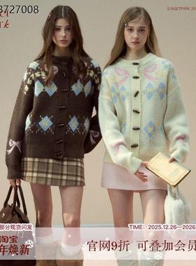 SunsetPark日落公园 复古 温暖蝴蝶结费尔岛 牛角扣少女毛织外套