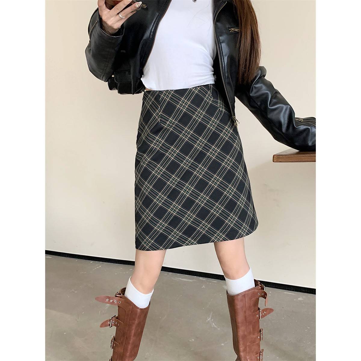 美式复古格子半身裙女2025春秋新款ins格纹中长裙子高腰黑格中裙