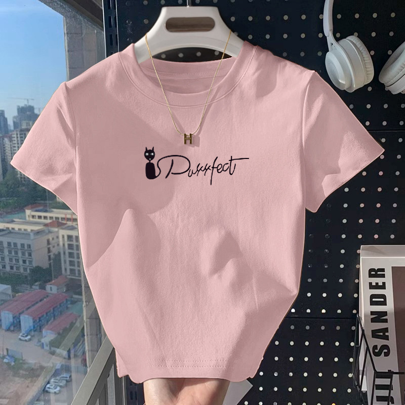 2026新款夏季正肩纯棉短袖T恤女ins时尚百搭洋气短款显瘦粉色上衣