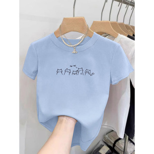 短款t恤女2026新款正肩夏季设计感短袖宽松蓝色纯棉高腰体恤上衣