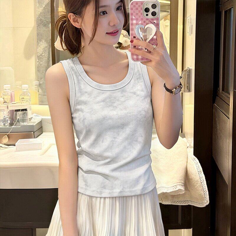 2026新款夏外穿打底扎染吊带背心女内搭西装圆领纯色棉质无袖上衣