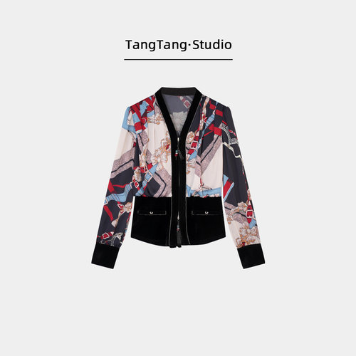 【TangTang·Studio】爱马真丝印花拼接丝绒V领拉链外套-128330