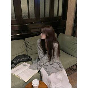 针衫女2025春75920945新织款花秋韩版宽松显瘦长袖V领麻开衫外套