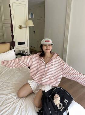 外CGGA自制CA24AW-M秋季长美式懒复古慵风宽松条纹开衫连帽卫衣女