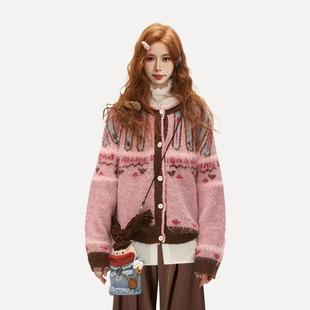 粉色费衫尔岛提花毛衣外女秋冬宽dsgrdgvr松开慵懒高级感马套海毛