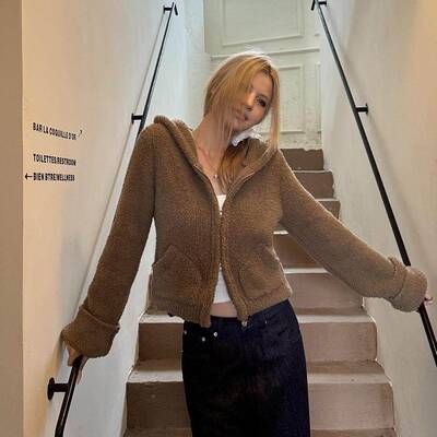 Audwyn3566软糯毛衣拉女冬新款亲肤慵感复古连帽双秋链针织开衫懒