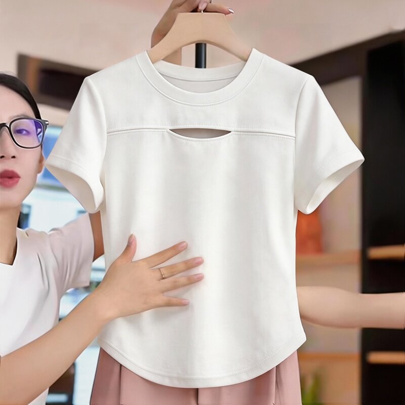 欧货白色镂空短袖T恤女2026夏季新款设计感小众减龄超火短款上衣
