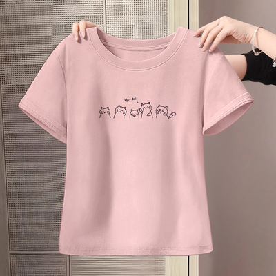 纯棉粉色短款修身正肩短袖t恤女