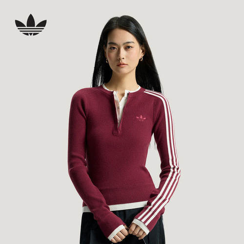 阿迪达斯三叶草假两件内搭运动修身圆领针织衫2026春女毛衣KS5333