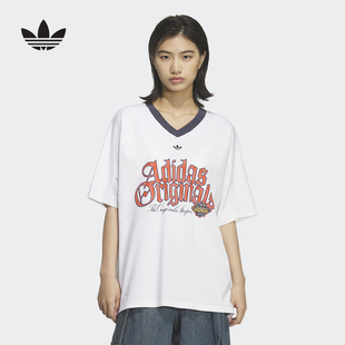 adidas阿迪达斯三叶草V领半袖球衣2026夏女宽松透气短袖T恤KT3063