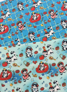 独家原创蓝色番茄猫桌布布艺印花布diy加密棉麻布料长方形餐桌布