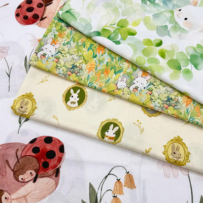 卡通兔子纯棉布料全棉20支棉布60s平纹布服装面料diy手工布头花布