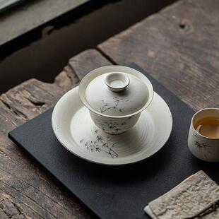 诧寂风粉引干泡壶承复古手绘墨竹盖碗茶壶垫茶点盘粗陶小茶盘