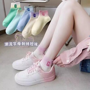 春夏季 吸汗袜刺绣百搭透气ins潮CH 袜子女渐变字母短袜刺绣韩版