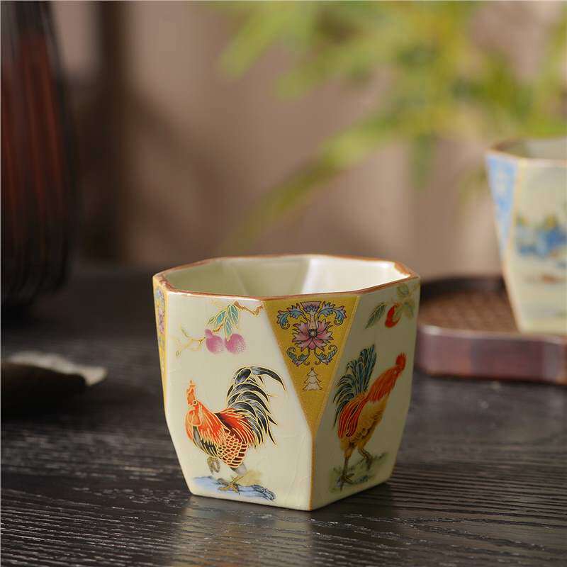 景德镇粉彩金鸡破晓品茗杯功夫茶具茶道ZF