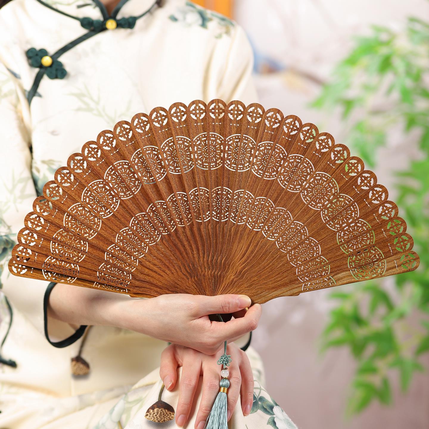 【花好月圆】檀香扇子古风折扇中国风木扇镂空古典可携式折叠扇子